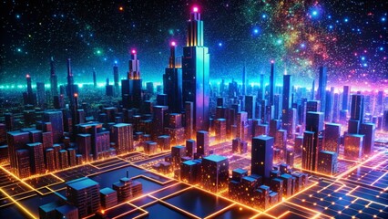 Futuristic neon city skyline glows under a dazzling starscape, showcasing vibrant urban innovation