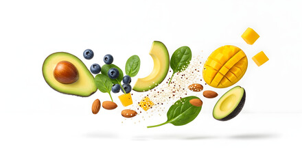 Dynamic composition of fresh, healthy superfood ingredients flying against a clean white background