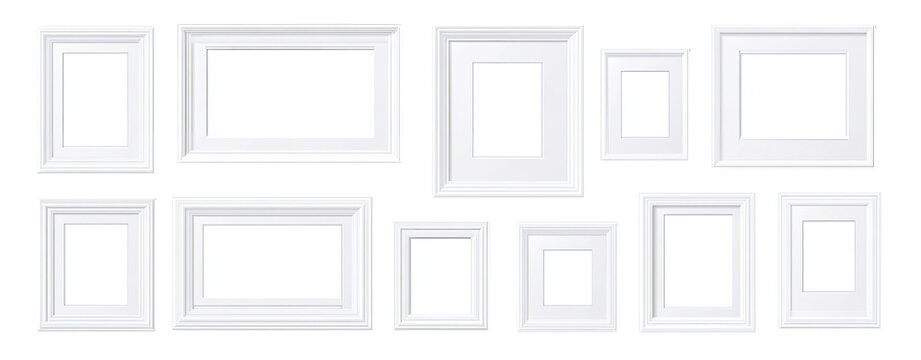 Blank white picture frames in various sizes, arranged in a grid pattern