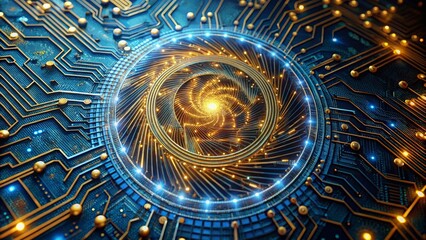 Intricate glowing circuit board with swirling energy vortex, symbolizing innovation and high technology