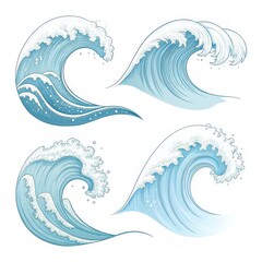 Fototapeta premium Illustration of four stylized blue ocean waves with white foam on a plain white background