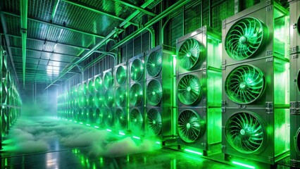 Powerful cooling fans in a high-tech server room with vibrant green lighting and atmospheric smoke