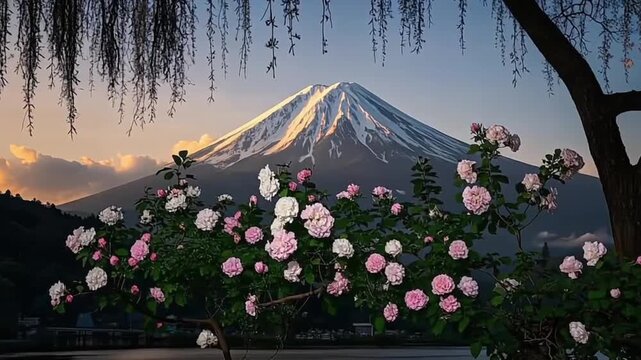 Mount Fuji with a snow-capped peak is visible in the background at sunset. In the foreground, a vibrant bush of pink and white roses blooms by a lake.