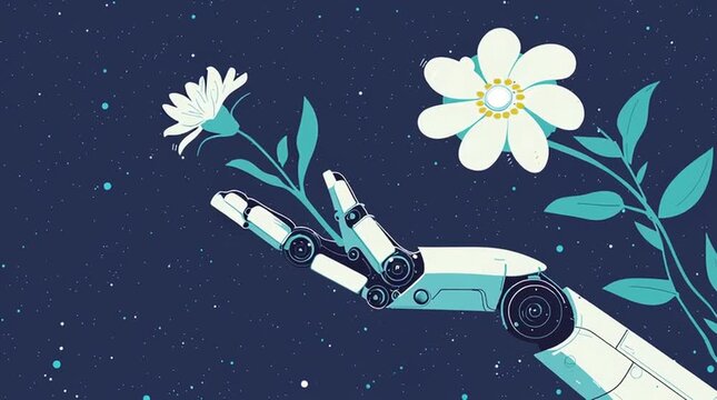 Futuristic flat vector illustration of a robotic hand reaching forward, clean minimal design, perfect for technology, AI, and innovation concepts.
