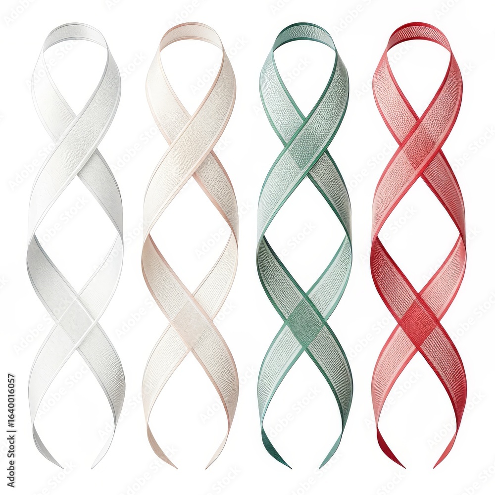 Poster four ribbons in different colors are arranged in a twisted pattern against a white background