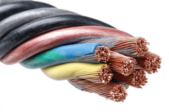 Electrical power cable on white background. Copper wire is the electric conductor of urban society