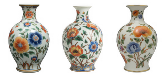 Three ornate floral patterned vases, isolated on transparent background