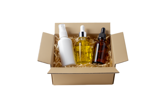 Three cosmetic bottles including a white pump bottle and two glass dropper bottles with amber and clear liquids nestled in a cardboard box with packing material isolated on transparent background