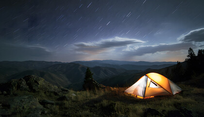 Nighttime mountain view featuring illuminated tent under starry sky with long exposure effect.