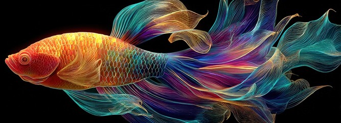 Fototapeta premium Translucent glass betta fish with colorful fins on a dark background