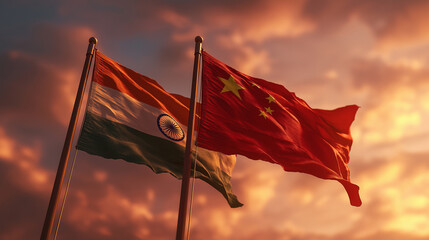 Rising tensions between india and china international relations flags display sunset background global perspective