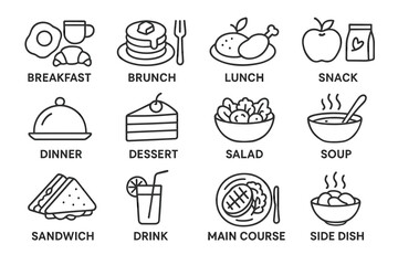 Assorted meal and beverage icons featuring breakfast, lunch, dinner, and more