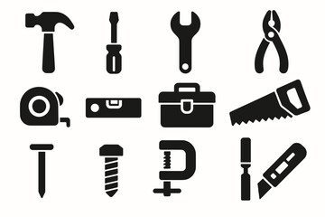 Obraz premium Essential tools collection: hammer, screwdriver, wrench and more icons