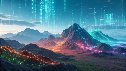 Stunning futuristic digital landscape with glowing mountains and cascading data streams