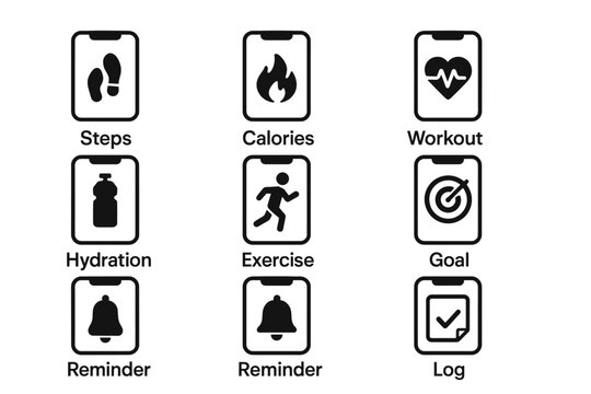 Set of fitness and health icons featuring steps, calories, workout, hydration, goals, reminders, and exercise