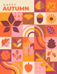 Hello autumn, vertical geometric banner.Greeting fall poster with leaves and isolated symbols of autumn-rowan berries, pumpkin,apple, sunflower.Template for harvest festival or Thanksgiving day.Vector