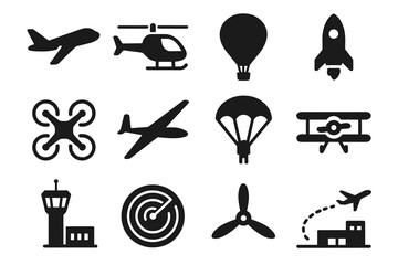 Aviation icons: airplane, helicopter, hot air balloon, rocket, and drone