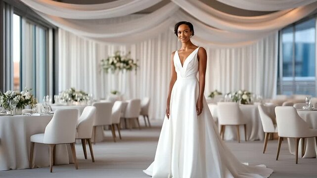 Elegant bridal setup with fabric backdrop and wooden tables
