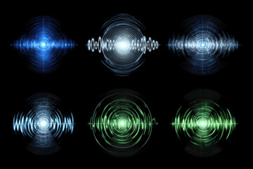 sensor waves set icon on grid transparent, ripple white blue green color, sound wave light effect, radar and sonar digital technology