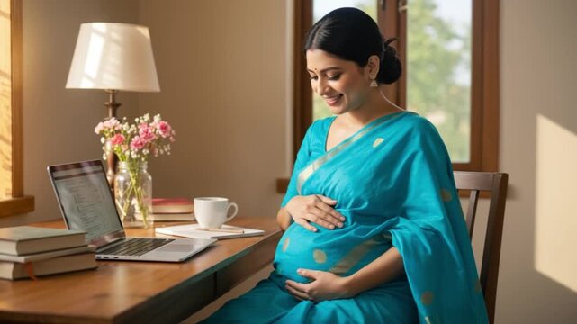 Pregnant woman in blue saree smiling while sitting at a table indoors   - Powered by Adobe