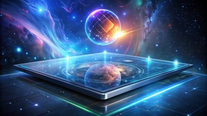 Stunning holographic interface projects a vibrant galaxy, showcasing advanced technology and cosmic wonder