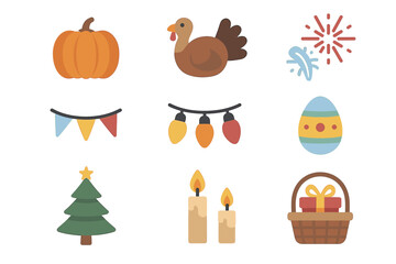 Fototapeta premium Festive icons set: pumpkin, turkey, fireworks, decorations, egg, tree, candles, gift basket