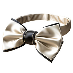A close up of a silk bow tie with black leather accents and pearl detailing on a black background png cutout isolated on transparent backdrop