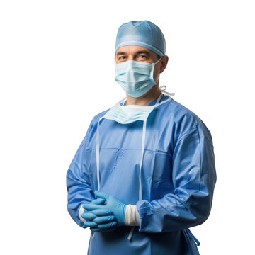 Professional medical surgeon wearing surgical attire including cap mask gloves and gown isolated on transparent background