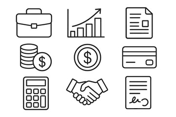 Business and finance icon set: growth, currency, documents, and agreements
