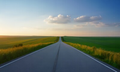 Naklejka premium Scenic Open Road Landscape with Lush Green Fields and Blue Sky, Ideal for Travel Brochures, Adventure Blogs, and Nature Enthusiast Promotions Featuring Tranquil Highway Vistas