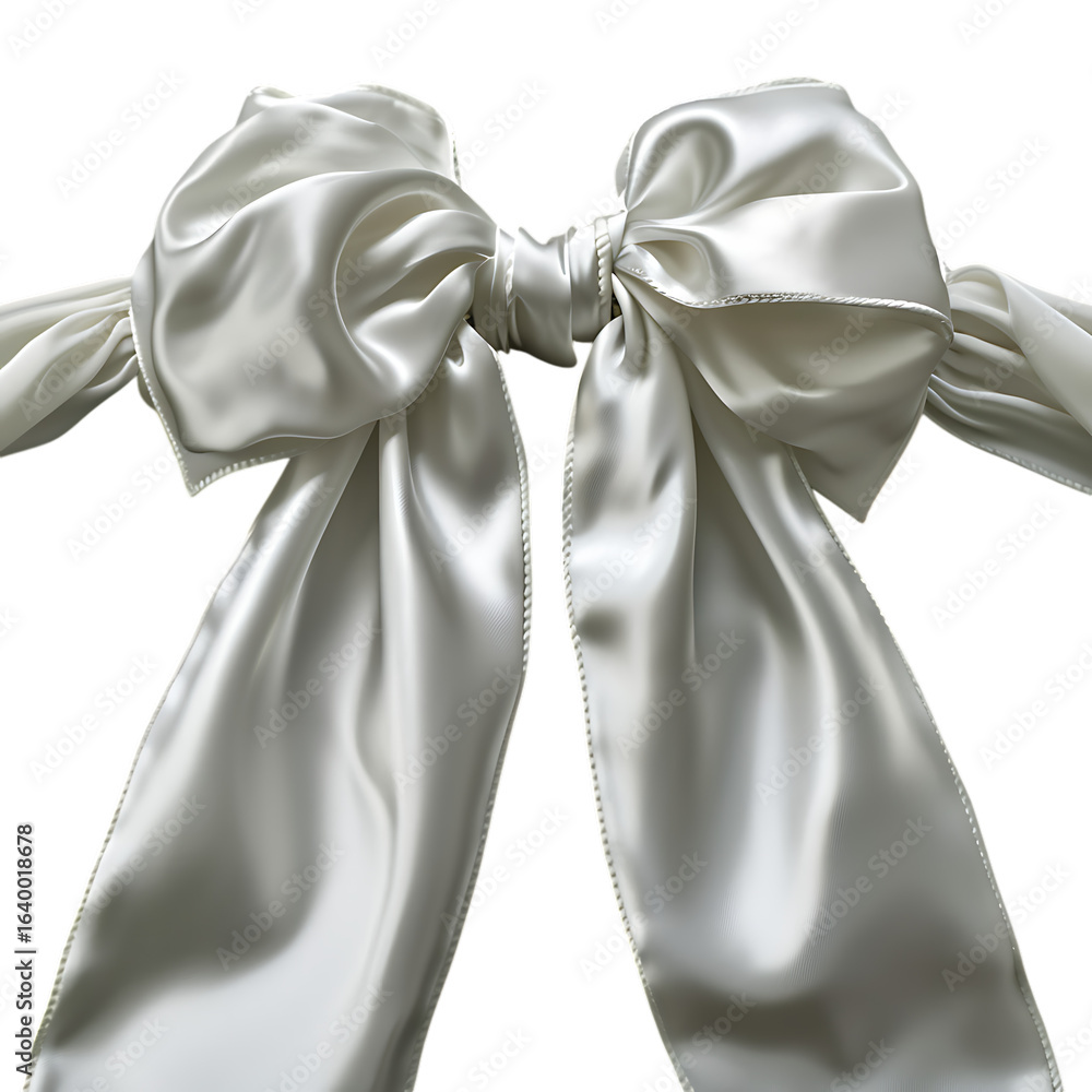 Poster a close up of a large white satin bow with flowing tails against a black background centered frame p