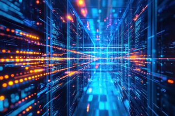 Futuristic data center visualization with glowing orange lines and blue grid structure creates a strong visual depth.