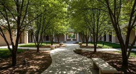Serene Courtyard Pathway Surrounded by Vibrant Green Trees and Modern Stone Benches, Perfect for Relaxation and Reflection in a Contemporary Urban Landscape Environment