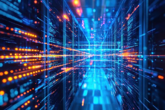 Futuristic data center visualization with glowing orange lines and blue grid structure creates a strong visual depth.