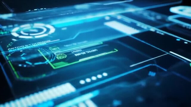 Futuristic screen interface zooming in and out with layered translucent UI elements
