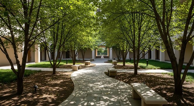 Serene Courtyard Pathway Surrounded by Vibrant Green Trees and Modern Stone Benches, Perfect for Relaxation and Reflection in a Contemporary Urban Landscape Environment