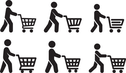 stick figure silhouettes pushing shopping carts in various walking poses, ideal for retail, consumer, and commerce concepts
