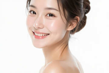 Fototapeta na wymiar Female Asian Model with Short Hair - Young Beautiful Woman with Hair Bun - Studio Portrait of Asian Beauty for Fashion, Cosmetic, Skincare - Posing on White Background - Smooth Tied Hair