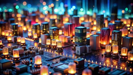 Vibrant futuristic city scape crafted from glowing circuits and digital architecture, capturing innovation