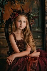 Elegant girl in burgundy dress with floral crown sitting in vintage setting