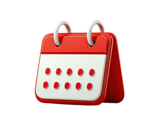 Red and white calendar icon.  3D render of a simple, stylized calendar,  with a red body, white interior, and small white rings