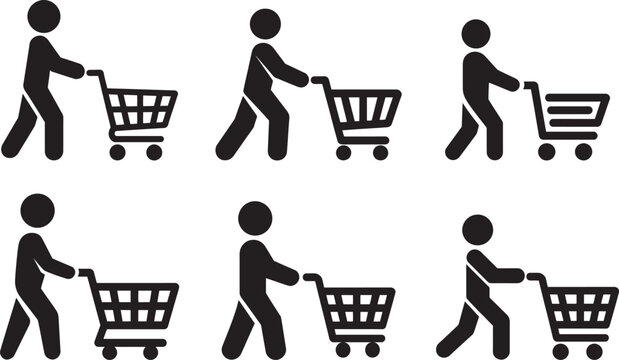 stick figure silhouettes pushing shopping carts in various walking poses, ideal for retail, consumer, and commerce concepts