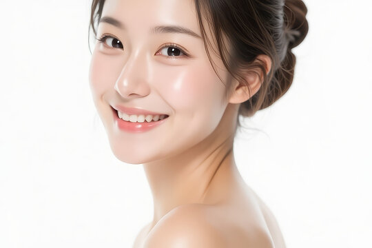 Female Asian Model with Short Hair - Young Beautiful Woman with Hair Bun - Studio Portrait of Asian Beauty for Fashion, Cosmetic, Skincare - Posing on White Background - Smooth Tied Hair