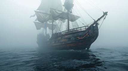 Fototapeta premium Mysterious galleon sailing through thick fog on the ocean