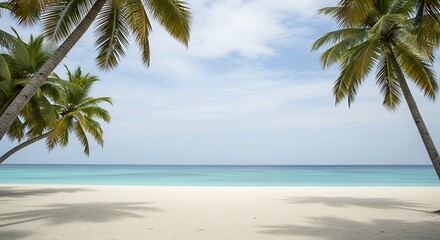 Fototapeta premium Serene Tropical Beach with Lush Palm Trees Framing a Tranquil Azure Ocean and Soft Sandy Shoreline Perfect for Vacation Destinations, Relaxation Retreats, and Exotic Getaways