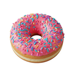 Freshly baked vanilla cake donut with pink strawberry frosting & rainbow sprinkles on a seamless transparent background, diffused studio lighting, appealing dessert concept.