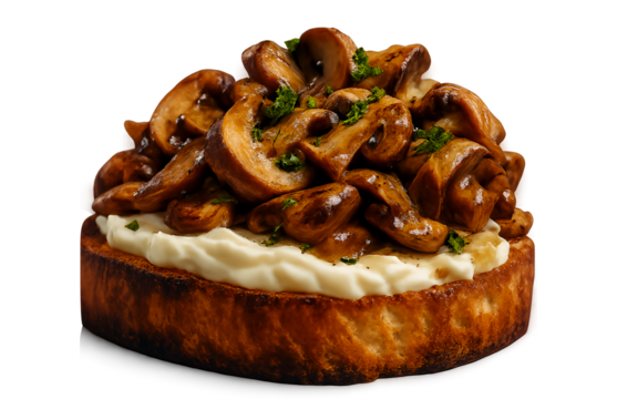 Deliciously saut ed mushrooms and creamy cheese topping on a rustic toasted bread slice isolated on transparent background