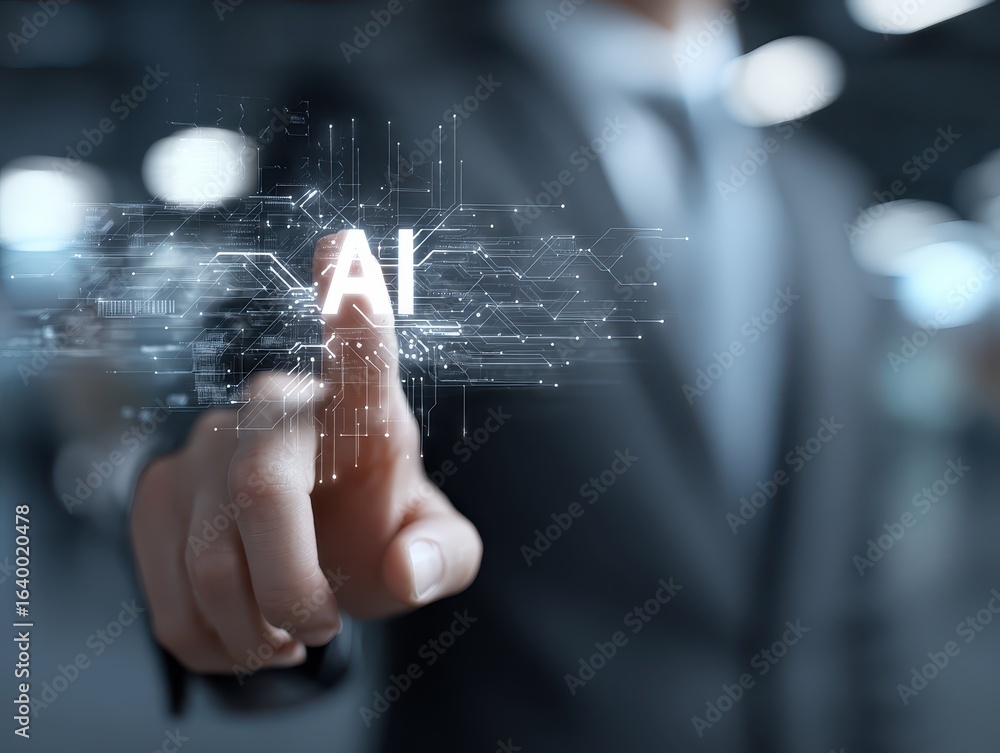 Poster artificial intelligence, businessman using ai in a futuristic office for data analysis, digital tran