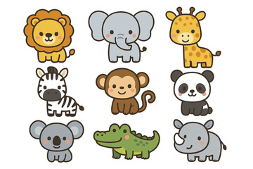 Cute cartoon animals: lion, elephant, giraffe, zebra, monkey, panda, koala, crocodile, rhino