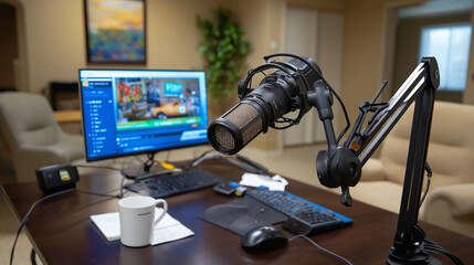 Streaming Setup with Camera, Microphone Arm, and Chat Window
